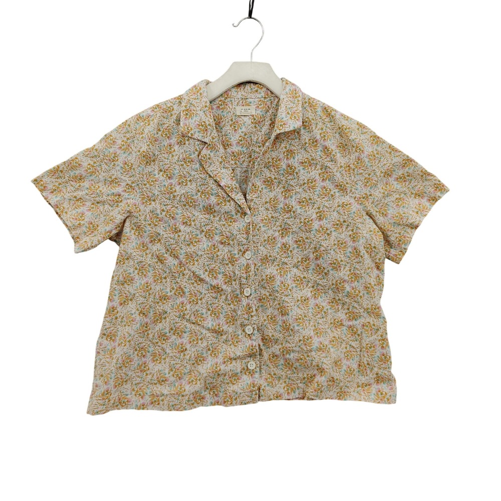 a.n.a Women Cottagecore Boho 100% Cotton Button Down Shirt L Yellow Floral Top